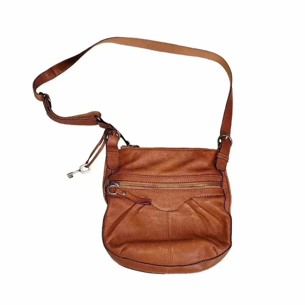 Fossil IVY Pebbled leather crossbody saddle bag purse, Siena Brown